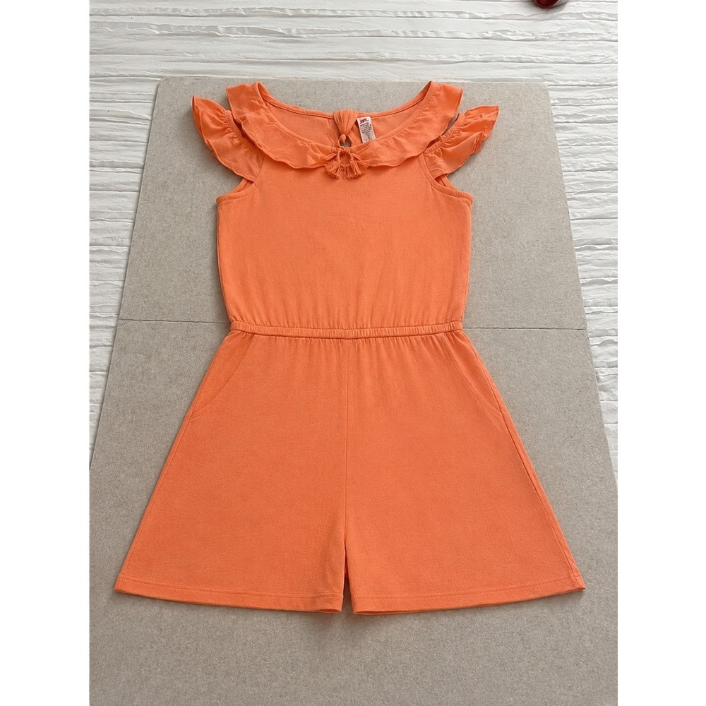 Justice Girls Coral Orange Cold Shoulder Ruffle Tassel Romper